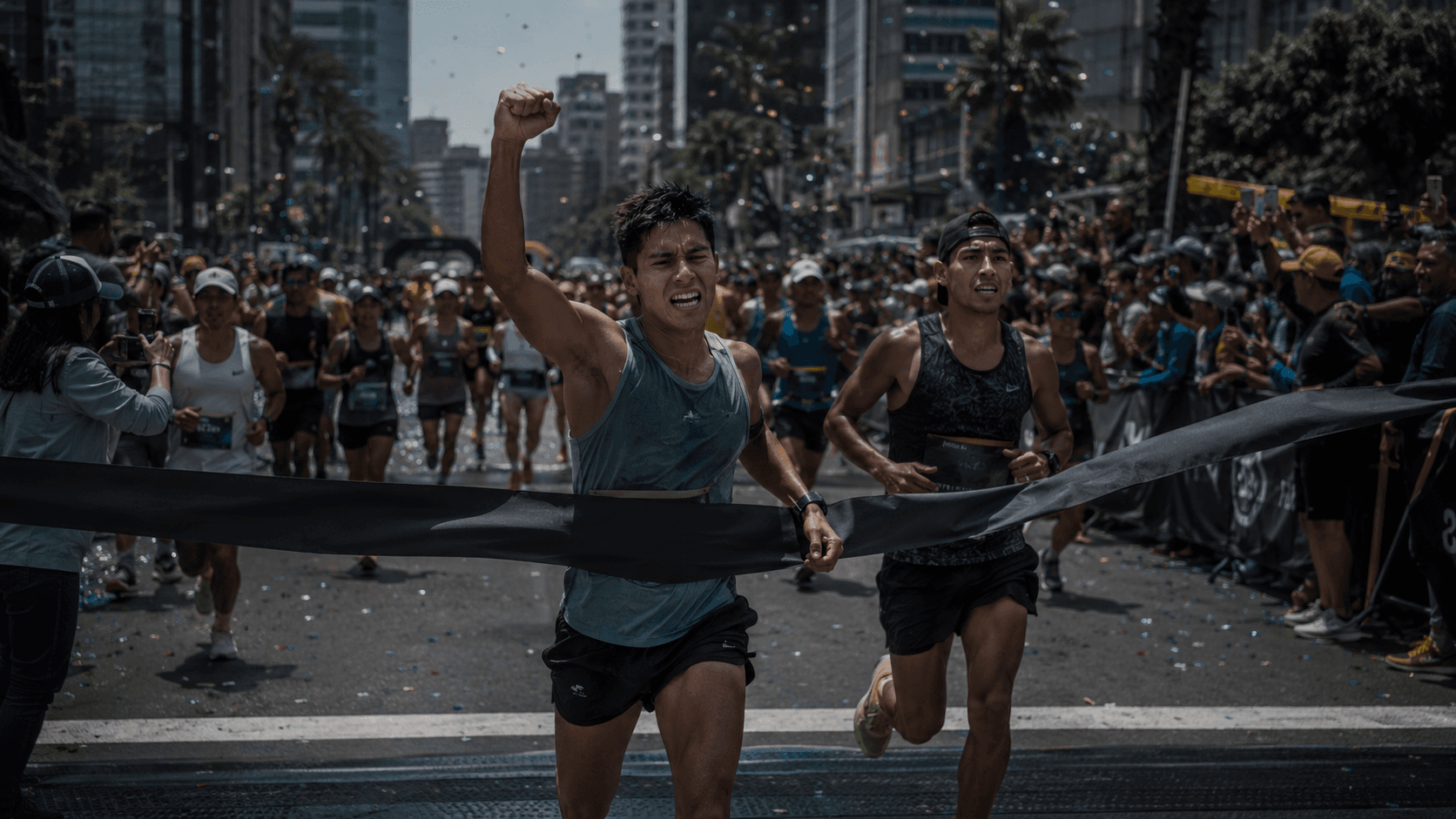Corredores cruzando la meta de una media maratón en una ciudad costera